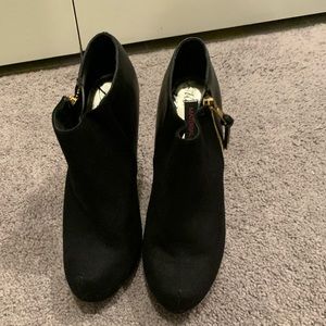 Women’s Black Suede/Leather Ankle Bootie, Gold Zip, 7.5